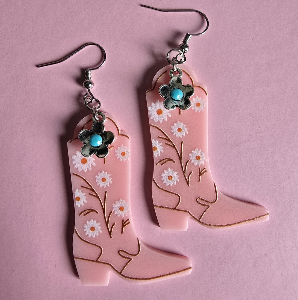 Pink Cowboy Boot Earrings Silver Nickel Free Hooks With Blue Flower Accents